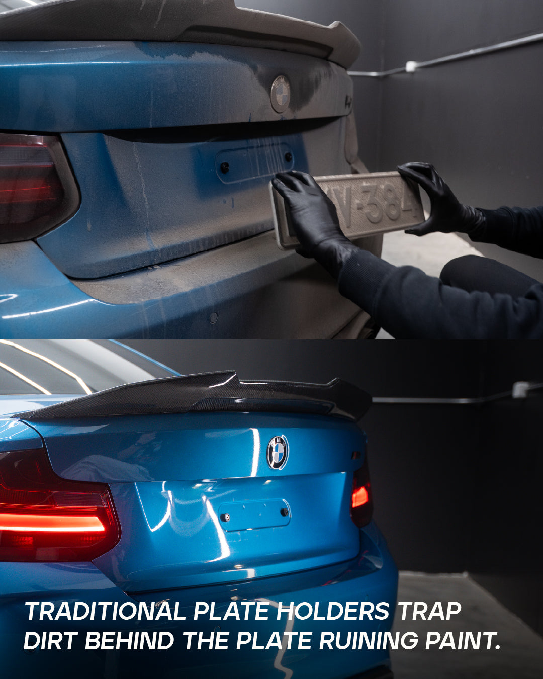 Removing license plate from blue BMW rear bumper to reveal paint damage caused by traditional screw-mounted holder