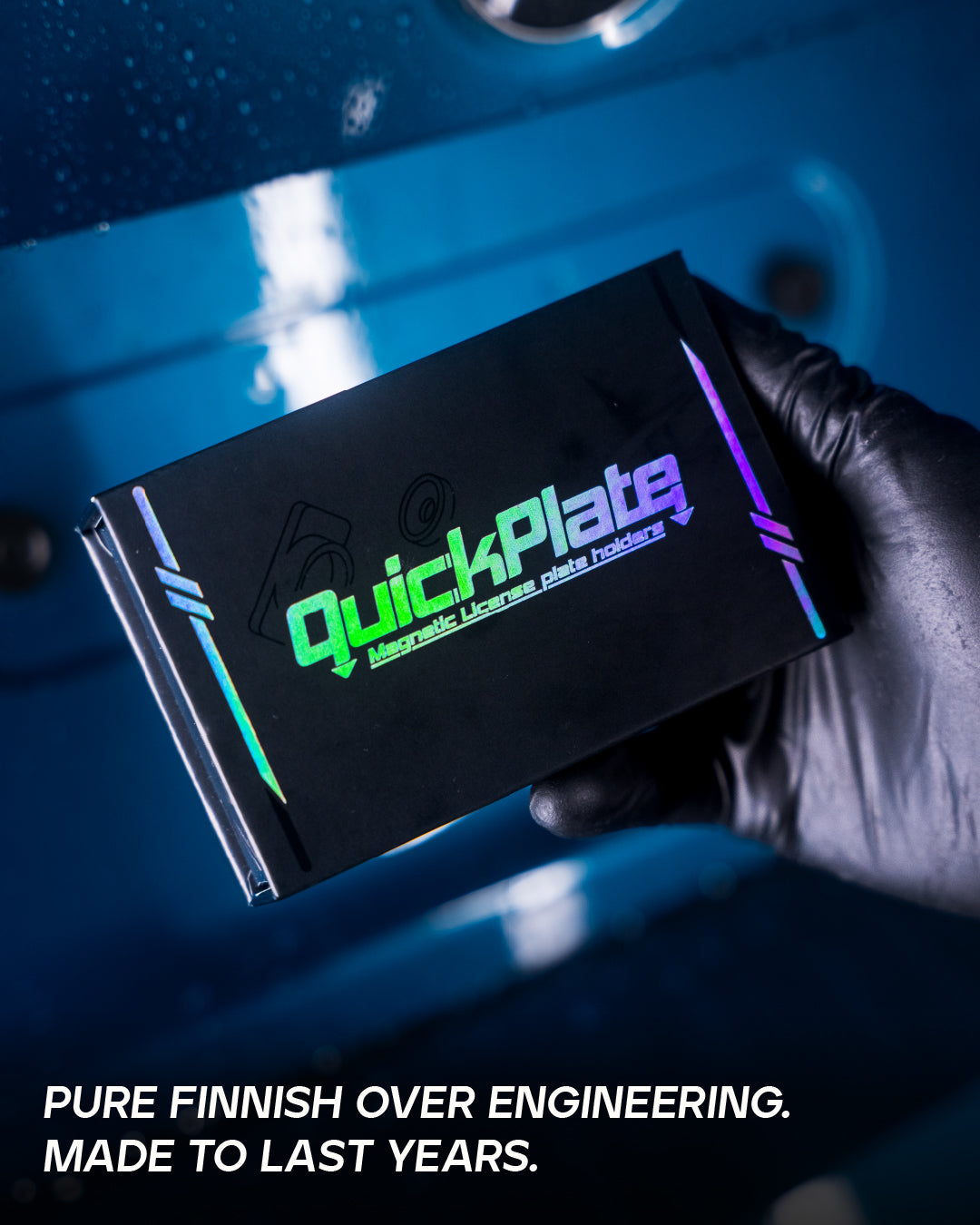 QuickPlate magnetic license plate holder packaging box with holographic finish
