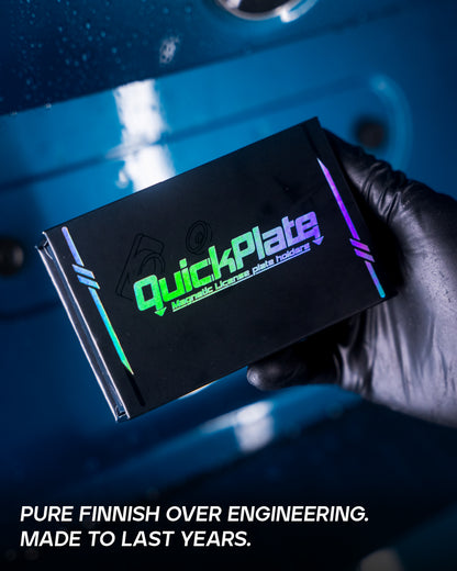 QuickPlate magnetic license plate holder packaging box with holographic finish